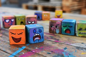 Poster - A group of wooden blocks with painted faces. Perfect for educational and creative projects