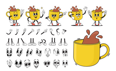 Wall Mural - cartoon yellow groovy cup of tea or coffee drink character creation kit. vector collection of porcel