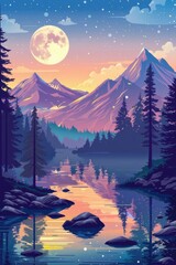 Poster - A serene mountain landscape with a shimmering lake under the full moon. Ideal for nature-themed designs