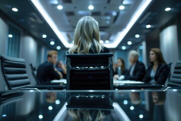 Poster - A woman sitting at a table in a conference room. Suitable for business presentations