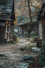Poster - A dirt path between two buildings with a tree in the background. Suitable for urban or nature themes
