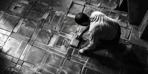 Aufkleber - A black and white photo of a man on a tiled floor. Suitable for various design projects