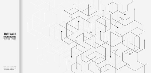 Poster - Tech background. Network connect line pattern elements. White hexagons and squares. Geometric mesh. Polygons and dots. Chemical molecule structure. Graphic shape. Vector abstract banner