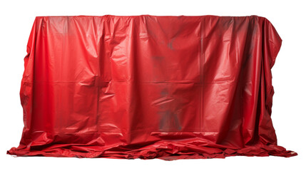 A vibrant red tarp billows against a serene white backdrop