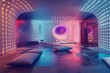A high-tech meditation room glows with dynamic, colored light patterns for an immersive experience