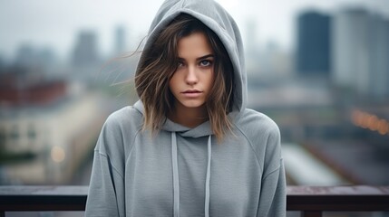 Poster - Portrait of a young woman in a gray hoodie looking at the camera with a serious expression on her face