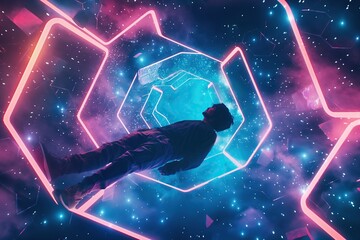 Wall Mural - a person levitating within hexagonal neon structures in a sci-fi setting