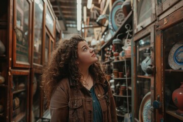 Curly-haired plus-size woman browsing in an antique shop.