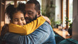 Young african american father and daughter hugging lovingly. Black girl affectionately hugs dad. Father's Day concept. Family bonding love & affection.Inclusive diverse happy relationship. Copy space