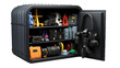A large black storage cabinet bursting with various cameras of different shapes and sizes