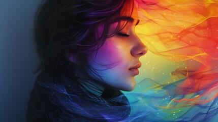 Wall Mural - Profile of a woman with a vivid, colorful illustration of flowing hair, blending a sense of art, fantasy, and digital artistry ideal for modern design concepts