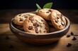 Delicious chocolate chip cookies in a clay dish against a whitewashed wood background