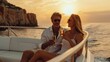 A wealthy couple lounging on a private yacht,  sipping champagne as they enjoy a sunset cruise along the coastline