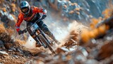 Fototapeta Przestrzenne - Cyclist conquers challenging mountain trail. Generative AI