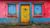 Fototapeta Przestrzenne - Weathered door and window in a colorful wall. Generative AI