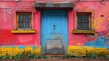 Fototapeta Przestrzenne - Weathered door and window in a colorful wall. Generative AI