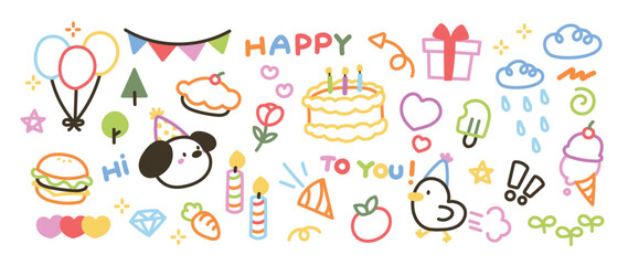 Wall Mural - Cute hand drawn Happy birthday doodle vector set. Colorful collection of dog, chick, cake, balloon, flower, candle, decorative flag. Adorable creative design element for decoration, prints, ads.