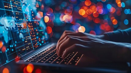 Poster - Hands type on a laptop keyboard with financial charts and data analysis displayed on the screen, amidst a backdrop of vibrant bokeh lights.