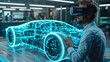 In a futuristic workspace, a designer interacts with a holographic car model using VR technology, demonstrating the intersection of design and advanced computing.