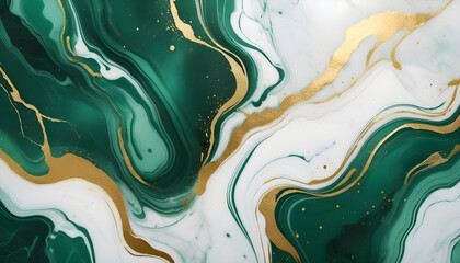 Wall Mural - Abstract green white marble texture with gold splashes, green luxury background