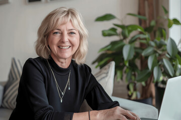 Wall Mural - smiling mature woman in black top with blond hair sitting in front of a laptop in cozy living room with a plant in the background