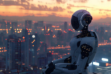 Poster - Artificial intelligence, robot thinking about world, looking at the city. Futuristic concept.