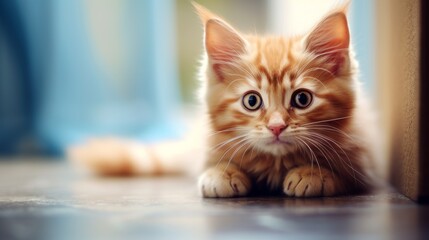 Cute orange kitten sitting on the floor and looking at home