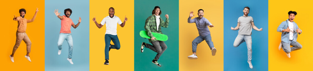 Poster - Collage of active energetic young men jumping over gradient colorful studio backgrounds