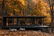 Exterior of ultramodern cottage in the wilderness during autumn foggy morning