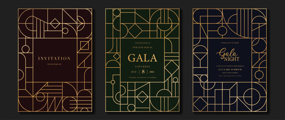 Luxury invitation card background vector. Elegant classic antique design, gold lines gradient on dark blue, green, brown background. Premium design illustration for gala card, grand opening, art deco.