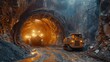 A highly detailed image of a mining truck exiting a lit underground tunnel, illustrating the industrial environment and machinery of mining operations.