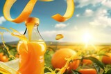Fototapeta Perspektywa 3d - bottle of orange juice is splashing in a field of oranges and blue sky. The scene is bright and cheerful, with the sun shining down on the fruit and the juice. Concept of freshness and vitality