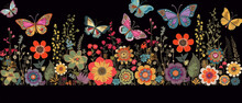 Floral Seamless Pattern With Butterflies And Flowers On Black Background. Vector Illustration.