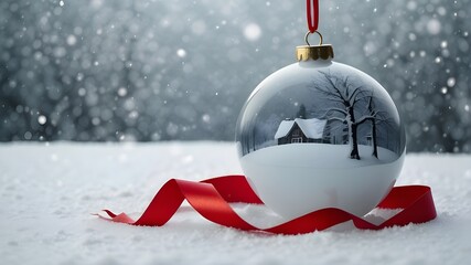 Poster - a winter scene with a snowy background and an empty Christmas bauble with copy space, winter, scene, snowy, background, empty, christmas, bauble, copy, space, season, celebration, decoration, snow