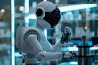 3D rendering of white humanoid robot holding and looking at medical equipment on hand, futuristic device for data collection in the laboratory of artificial intelligence, medical technology concept