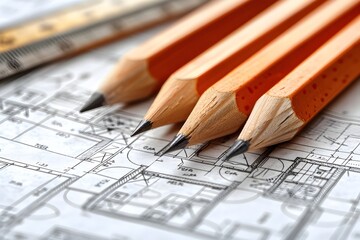 Wall Mural - close up of drawing pencil on construction blueprint, representing the building industry, architecture concept for project design or planning in building home