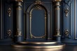 3D rendering of luxury black wall with gold arch and marble podium for product presentation, classical interior design