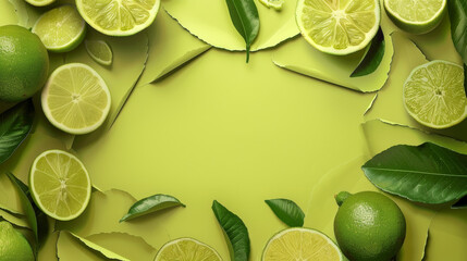 Canvas Print - Whole and sliced limes with leaves on a lime green background.