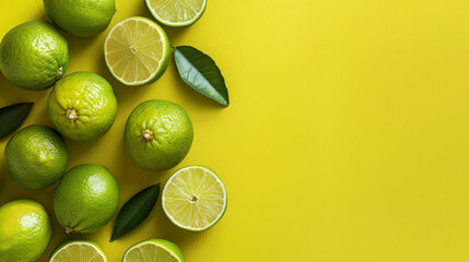 Sticker - Top view of juicy limes and green leaves on a yellow backdrop.