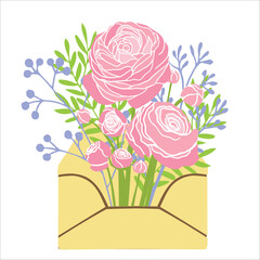 Pink bouquet in envelope vector flat illustration. Blooming plant gift symbol isolated. Flower decoration or holyday symbol for greeting card, mothers, gift label, spring, 8 march