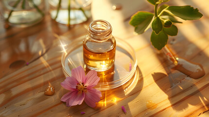 Wall Mural - Face serum, oil, beauty product and flower in Petri dish. Natural medicine, bio research concept