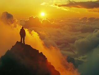 Sticker - A man stands on a mountain top, looking out at the sunset. The sky is filled with clouds, and the sun is setting in the distance. The scene is peaceful and serene, with the man alone on the mountain