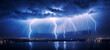 Multiple lightning strikes illuminating the dark clouds above a cityscape and body of water, nature's powerful