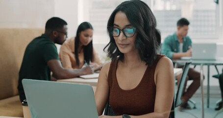 Aufkleber - Laptop, planning and smile of designer woman in office with coworking space for small business career. Portrait, computer for research and young employee typing email or creative report in workplace
