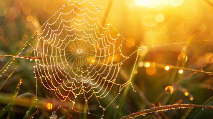 Spiderweb with morning dew drops.