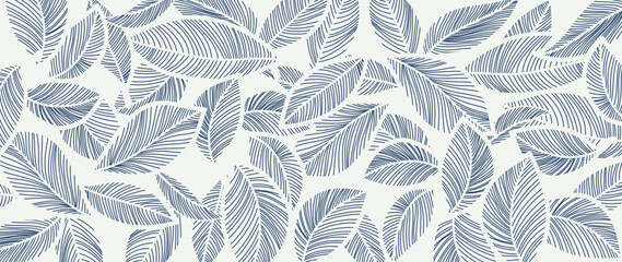 Abstract foliage line art vector background. Leaf wallpaper of tropical leaves, leaf branch, plants in hand drawn pattern. Botanical jungle illustrated for banner, prints, decoration, fabric.