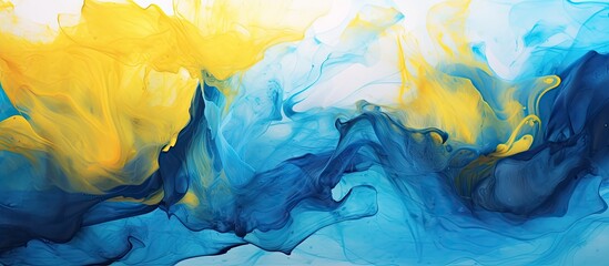 Poster - Abstract artwork featuring strokes of blue and yellow fluid paint blending on a white canvas