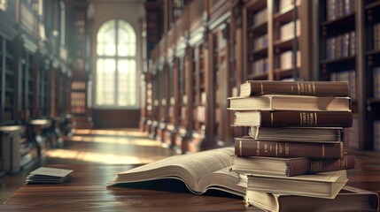 Books on open table in library academic education learning concept