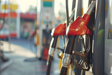 Close-up photo of gasoline pump and hoses for refueling cars.