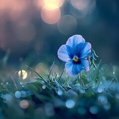 Wall Mural - Serene Blue Pansy Flower Blooming in Lush Grass with Dreamy Bokeh Background